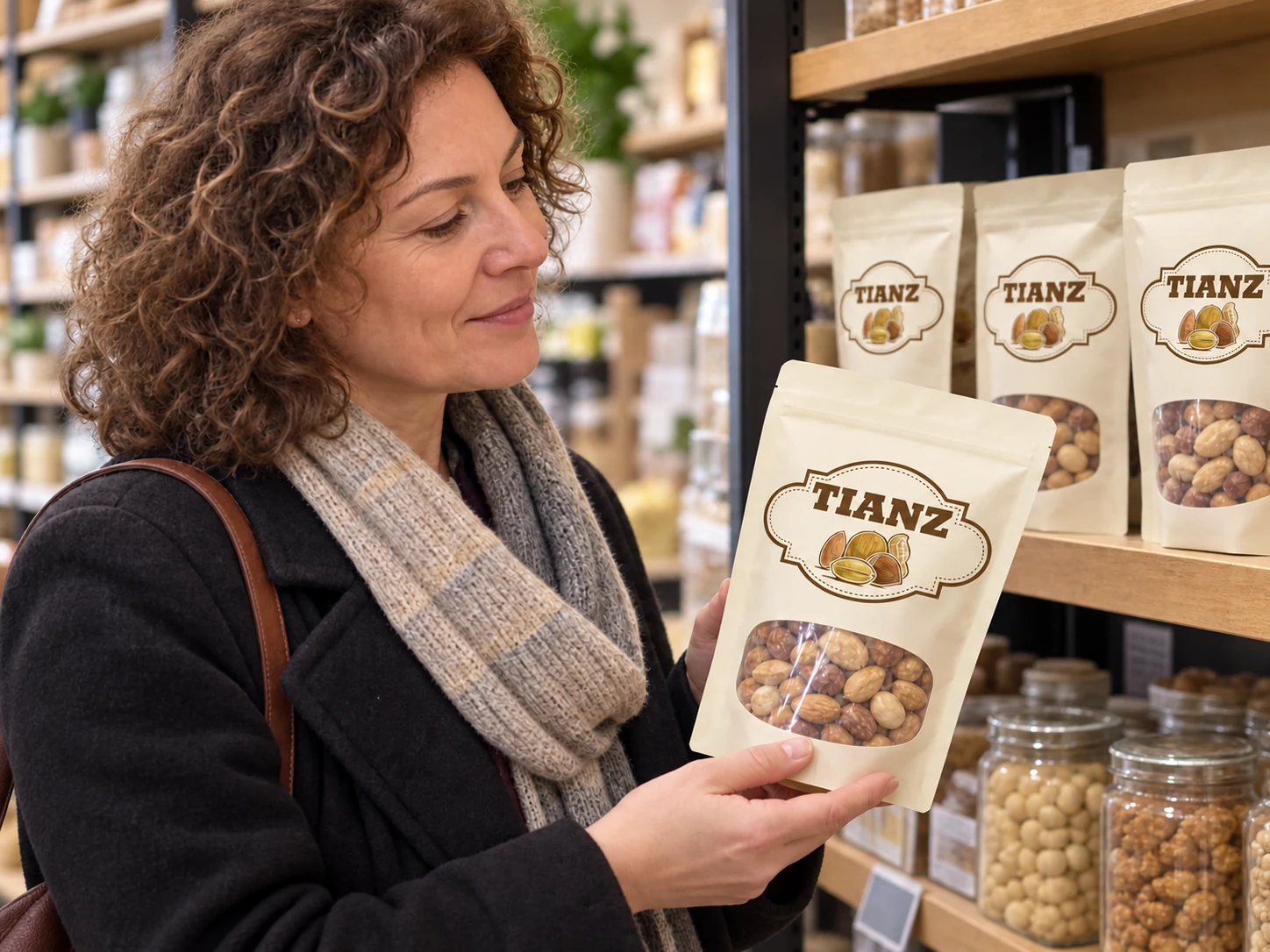 An overseas shopper selecting Tianz Nut packaged nuts in a grocery store