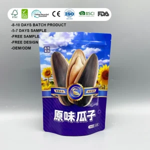 Custom Printed Resealable Stand up Plastic Bag for Sunflower Seeds Nut Snack Food Grade Moisture Proof