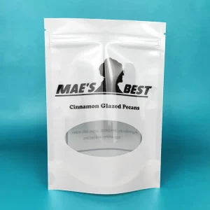 Custom White Glossy PE Plastic Doypack Zipper Bags with Transparent Window for Snack Dried Food Stand Pecans Nuts Packaging