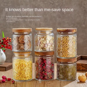 Glass Sealed Jar with Wooden Lid for Whole Grains Cereal Dried Fruit Snacks Tea Sugar Cookie & Milk Storage Industrial Use