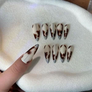 Handmade Almond Press on Nails Caramel Amber Artisan Tortoiseshell Smudge & Cinnamon Nude Retro Luxury Nails