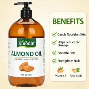 Kinodin Organic Almond Oil 32 Fl oz 100% Pure Cold Pressed Glass Bottle Hair Face Body Nails Moisturizer DIY Massage