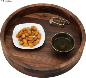 Large Round Black Walnut Wood Ottoman Tray with Handles Serve Tea Coffee Classic Wooden Circular Decorative Serving Tray