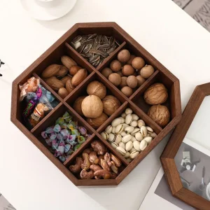 Luxury Natural Walnut Wood Nut Box Cover Octagonal Dried Fruit Box with Decorative Pattern for Home Storage