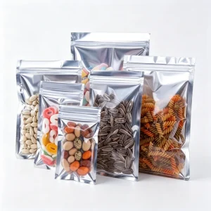 Multi Size Silver Metallic Foil Stand Pouches Shock Resistant Food Grade Resealable Packaging for Pet Food Nuts Candies