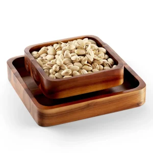 Wood Pistachio Snack Bowl with Shell Storage Double Dish Holder Nut Bowl Pedestal for Sunflower Seed Peanut Cherries Edamame