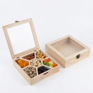 Wooden Snack Box With Transparent Lid 7 Compartment Nut Dried Fruit Organizer Serving Tray Custom Logo