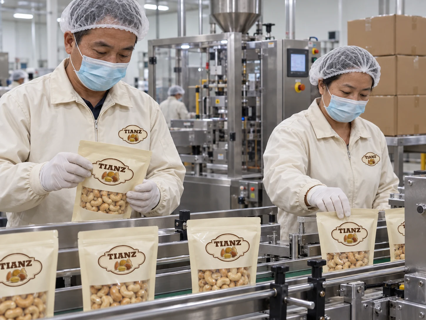 Tianz Nut branded nut pouches on a packing line
