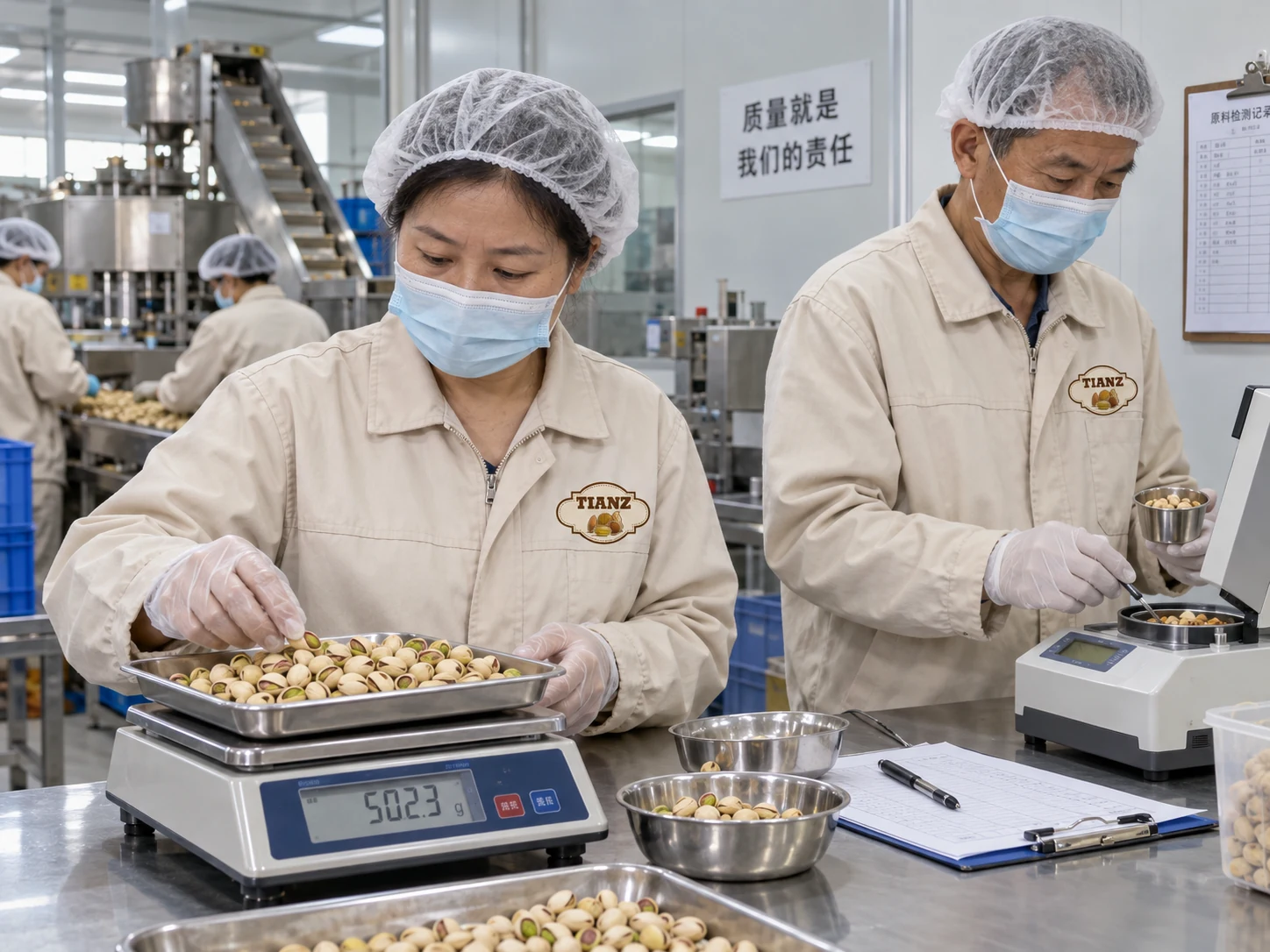 Tianz Nut quality technicians checking nut samples