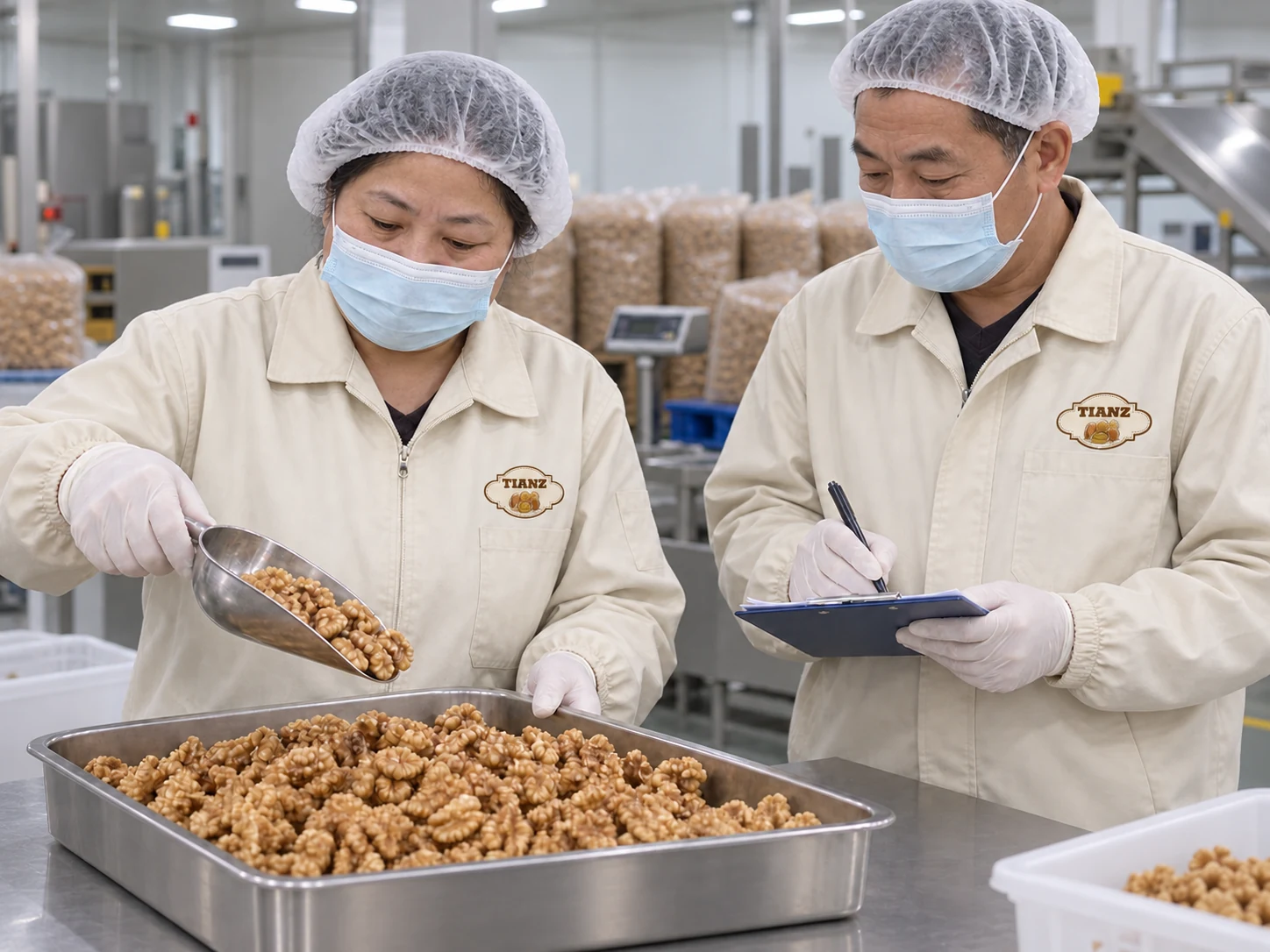 Chinese workers inspecting nuts in a Tianz Nut receiving workshop