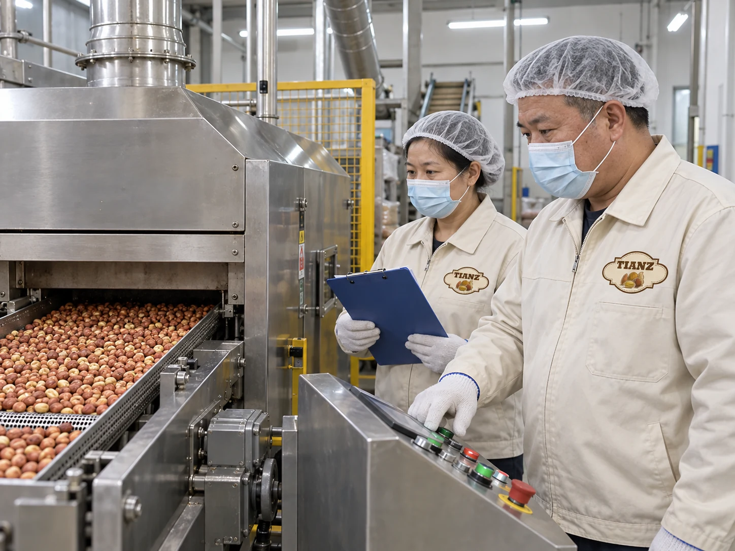 Tianz Nut workers supervising a nut roasting production line