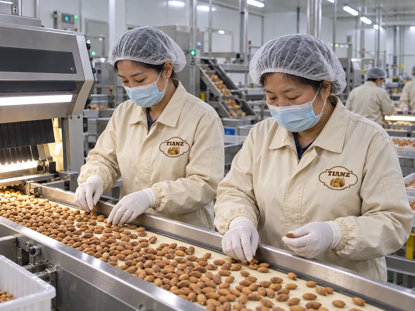 Tianz Nut workers monitoring a nut sorting conveyor